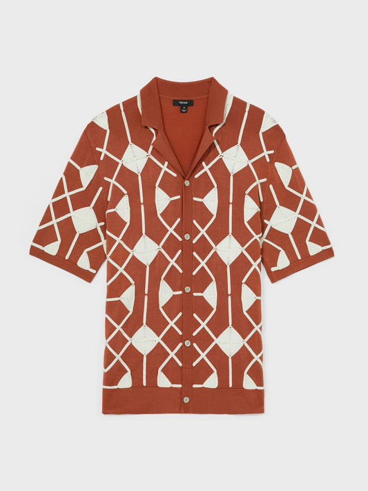 Geometric Embroidery Knit Shirt Paprika Red | Men