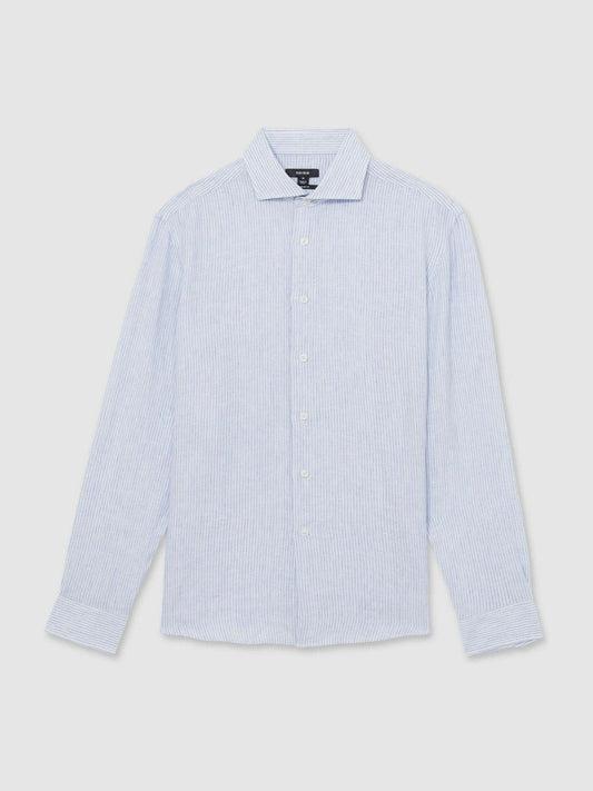 Linen Striped Long Sleeve Shirt Soft Blue/White Fine Stripe | Men