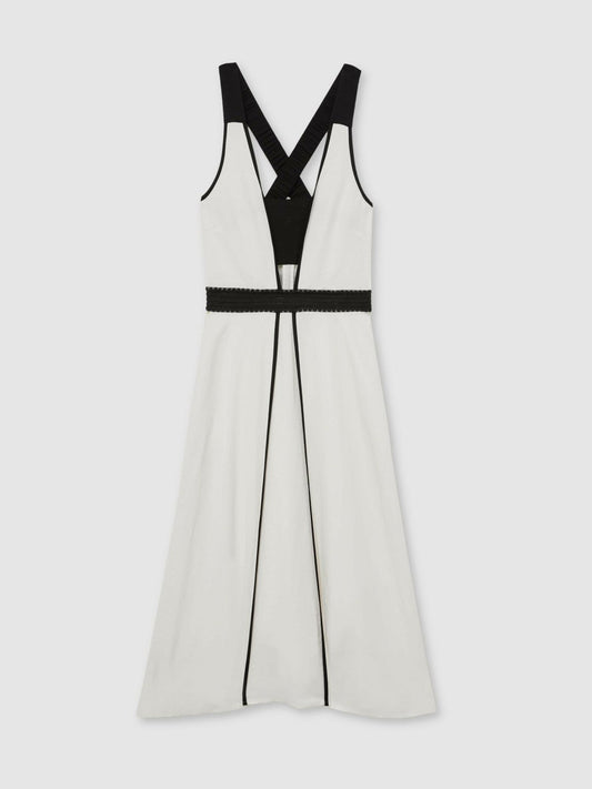 Contrast Trim Flared Midi Dress With Linen Ivory/Black | Women