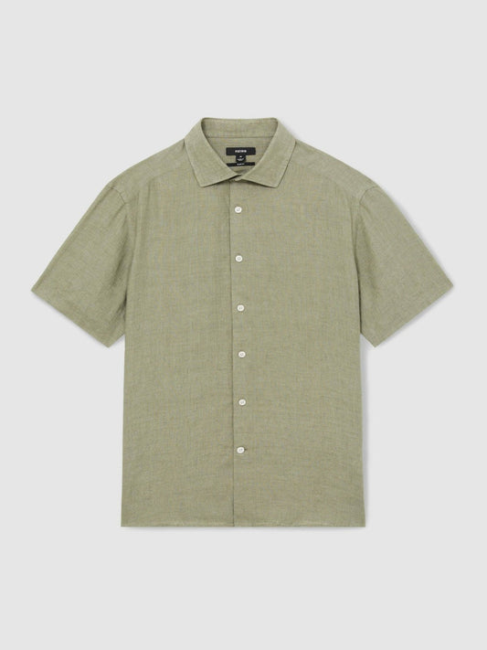 Slim Fit Linen Button-Through Shirt Thyme Green | Men