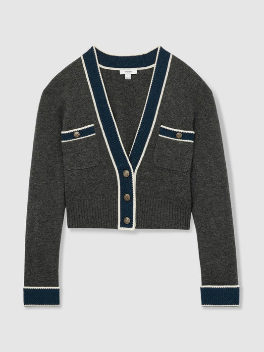 Wool-Cashmere Tipped V-Neck Cardigan Charcoal | Women