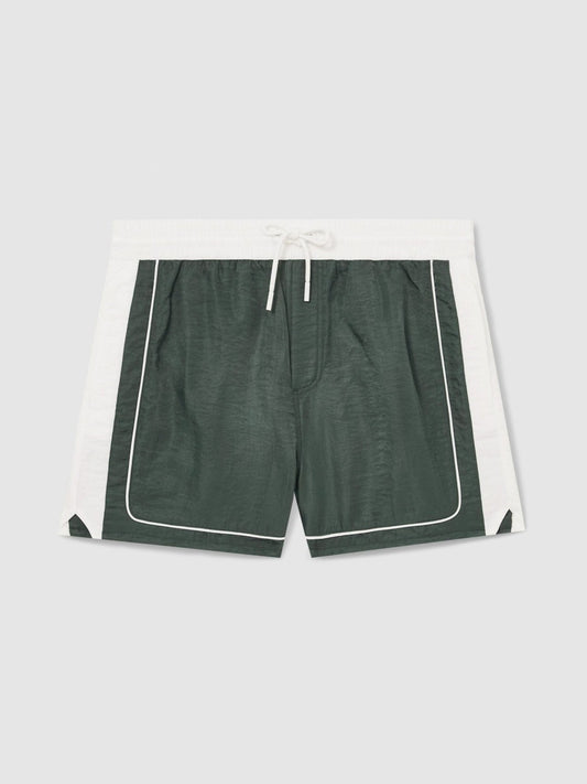 Colour-Block Piped-Trim Swim Shorts Dark Green/White | Men