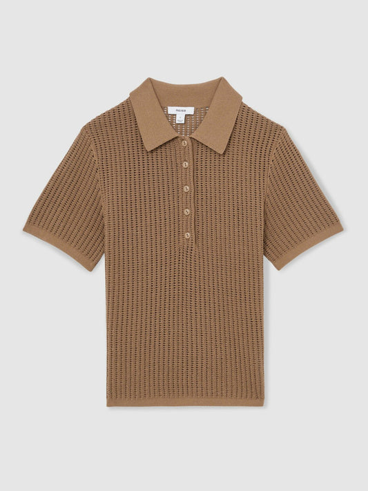 Cotton-Blend Open-Knit Polo Shirt Tan | Women