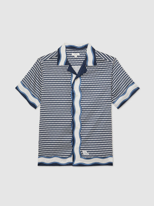 Geometric-Print Cuban-Collar Shirt White/Navy | Men