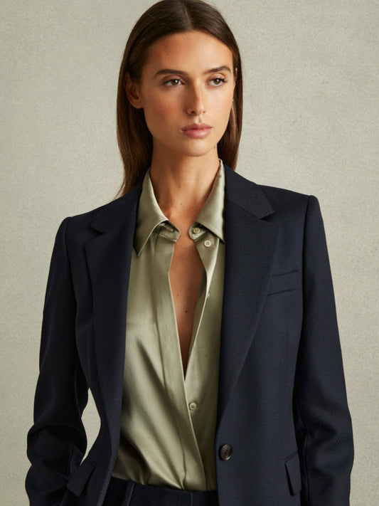 Textured Single Breasted Suit Blazer Navy | Women