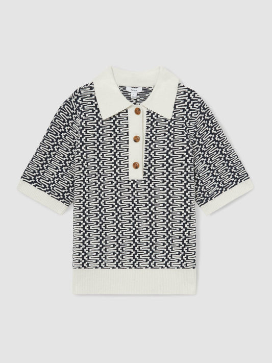 Zig-Zag Knit Polo Shirt Blue/Ivory | Women
