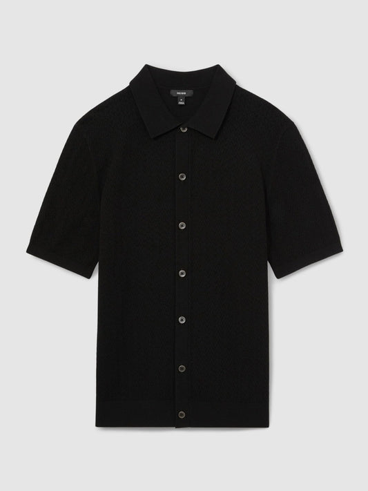 Textured Knit Button-Through Shirt Black | Men