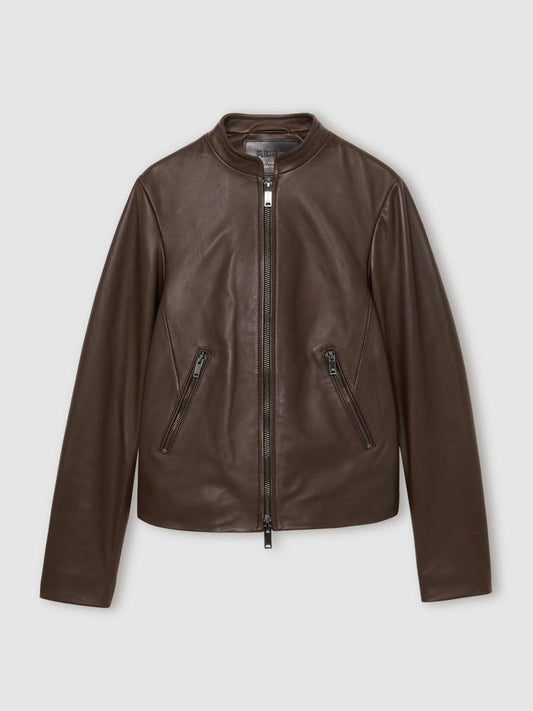 Leather Collarless Biker Jacket Chocolate Brown | Women