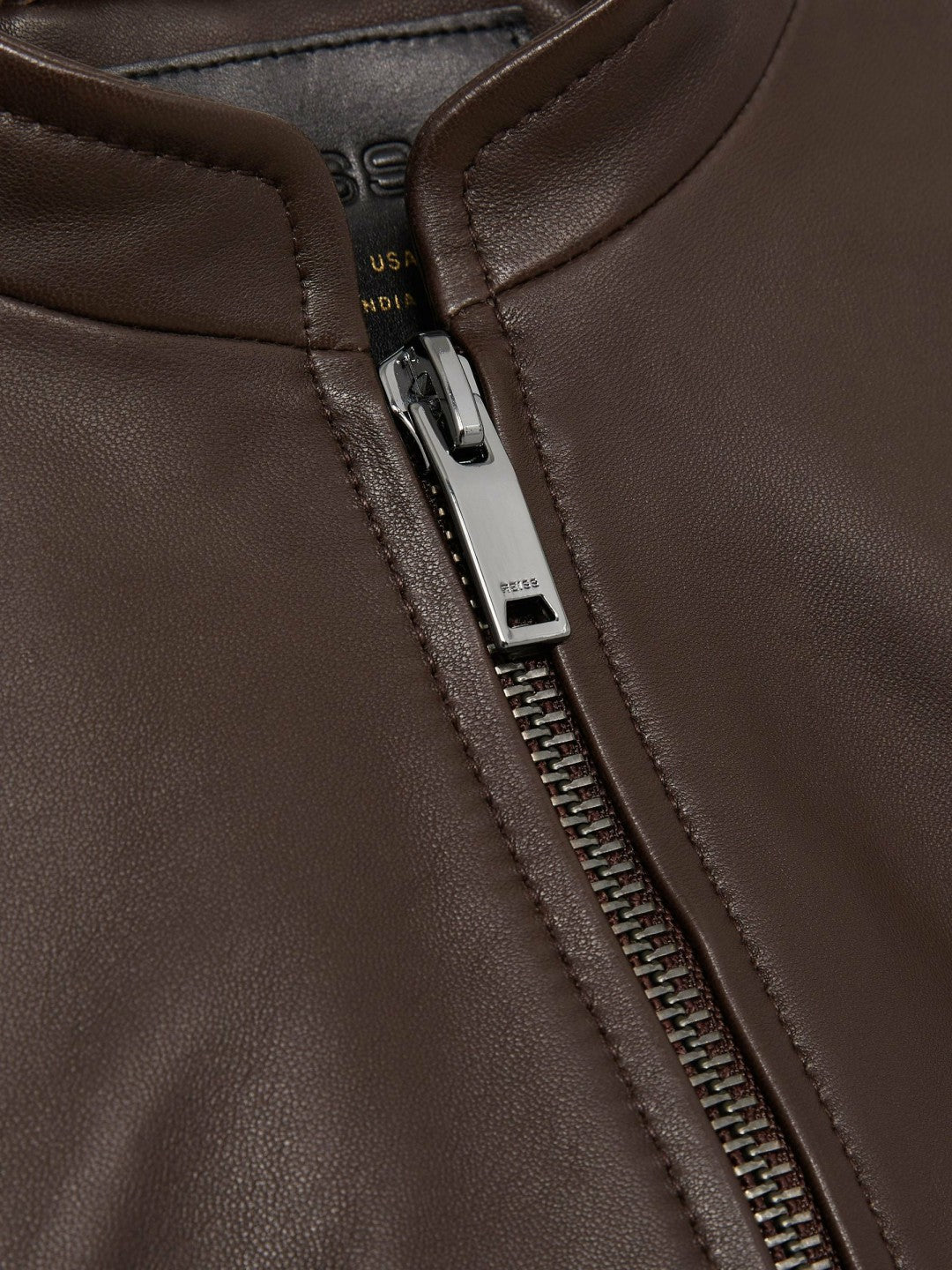 Leather Collarless Biker Jacket Chocolate Brown | Women