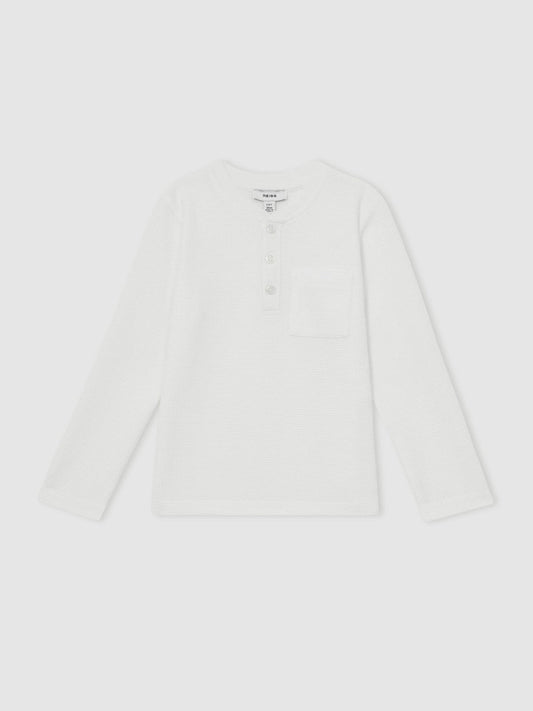 9-13 yrs Cotton-Blend Waffle Henley T-Shirt White | Children & Baby
