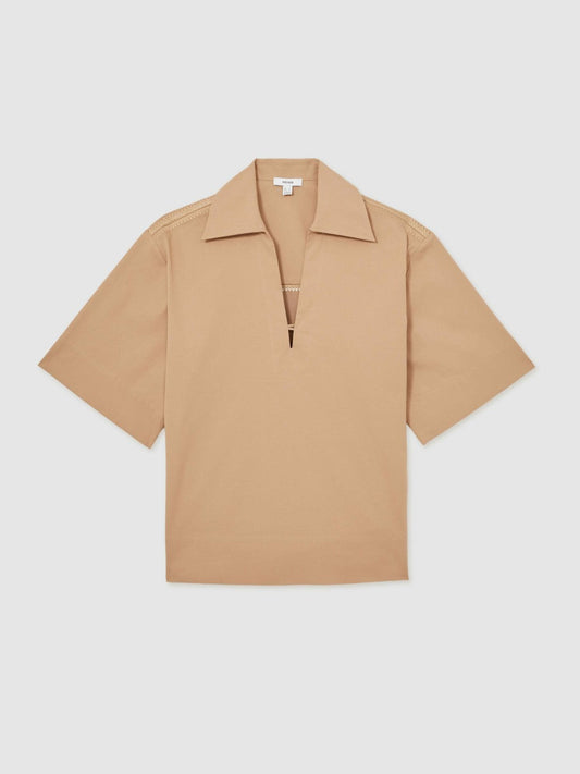 Cotton Blend Craft Stitch Collared Top Camel | Women