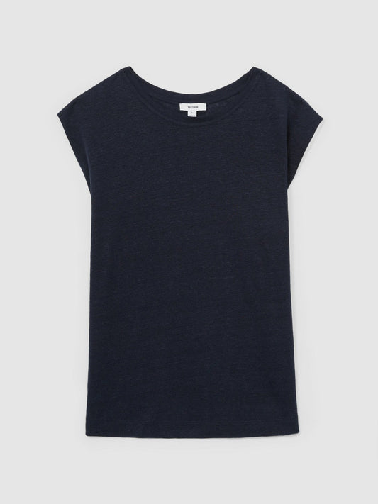 Linen Cap-Sleeve T-Shirt Navy | Women
