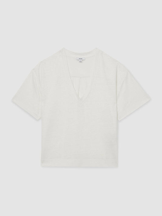 Linen V-Neck T-Shirt White | Women