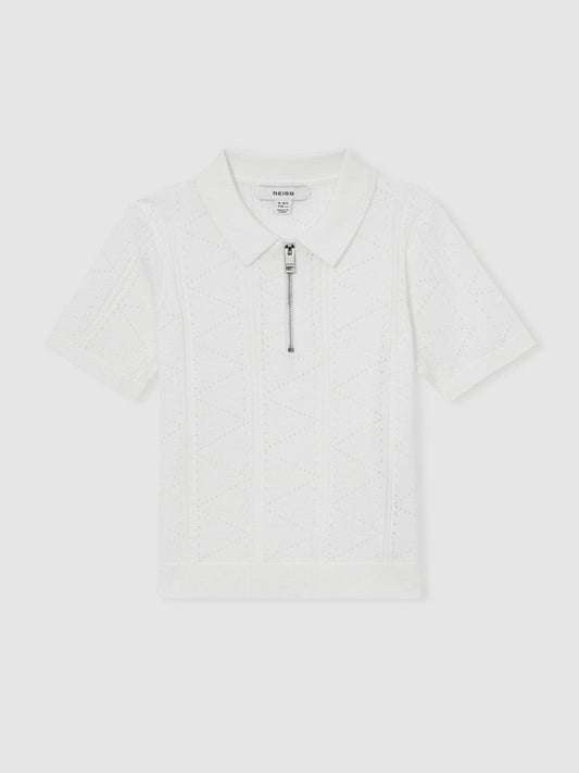 9-13 yrs Half-Zip Pointelle Polo Shirt Off White | Children & Baby