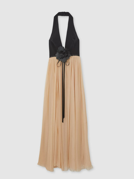 Halston Crepe and Chiffon Maxi Dress Black/Ivory | Women