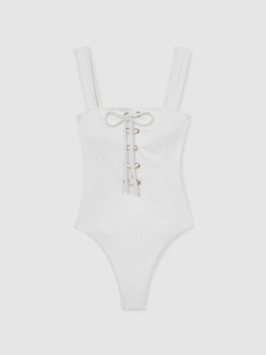 Ribbed Lace-Up Swimsuit White | Women