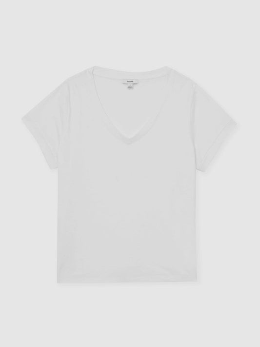 Brushed-Cotton V-Neck T-Shirt White | Women