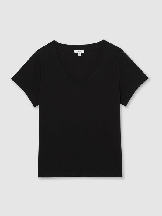 Brushed-Cotton V-Neck T-Shirt Black | Women