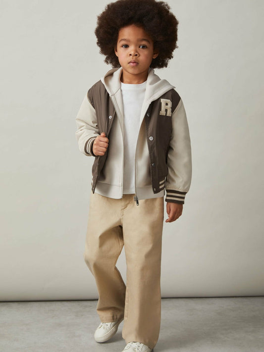 13-14 yrs Colour-Block Varsity Bomber Jacket Mink Brown/Off White | Children & Baby
