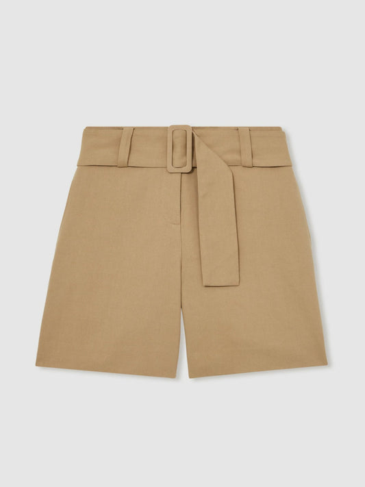 Cotton-Blend Belted Shorts With Linen Camel | Women