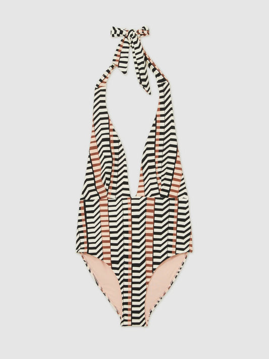 Chevron Stripe Plunge Swimsuit Black/Brown | Women