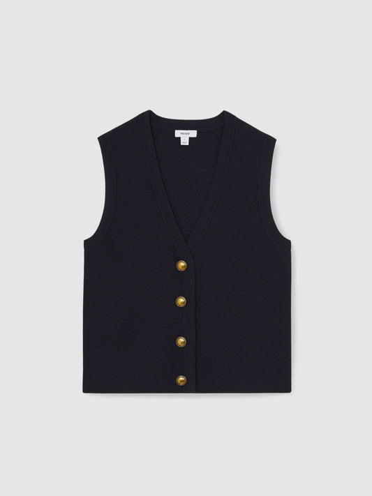 Knitted Button Through Vest Navy | Women