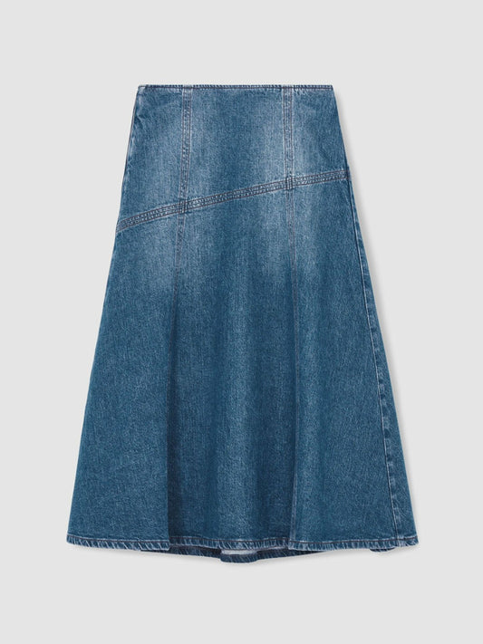 Denim Panelled Midi Skirt Indigo | Women
