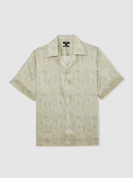 Wave Print Cuban Collar Shirt Sage Green | Men