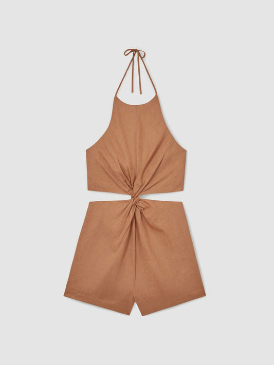 Linen Halterneck Cut Out Playsuit Brown | Women