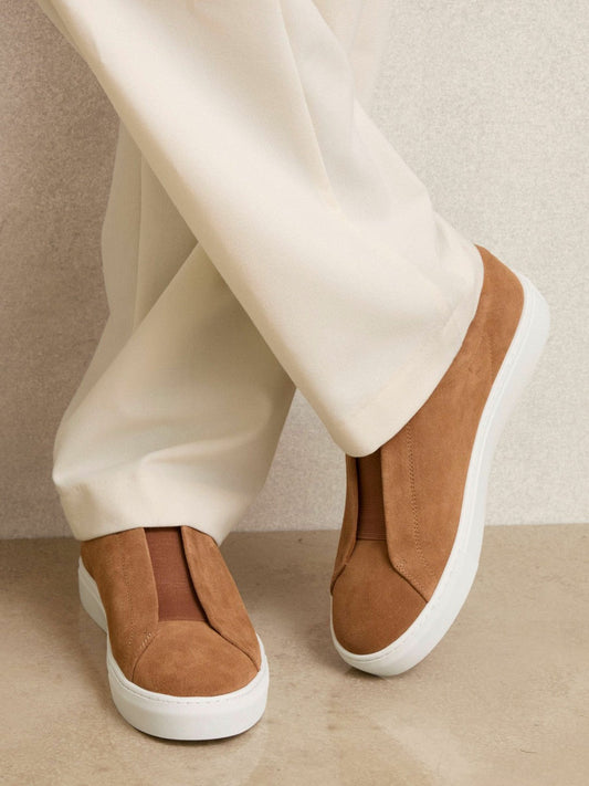 Suede Slip-On Elasticated Trainers Tan Brown | Men
