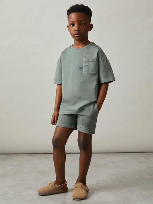 13-14 yrs Cotton Palm-Embroidery Oversize T-Shirt Washed Sage | Children & Baby