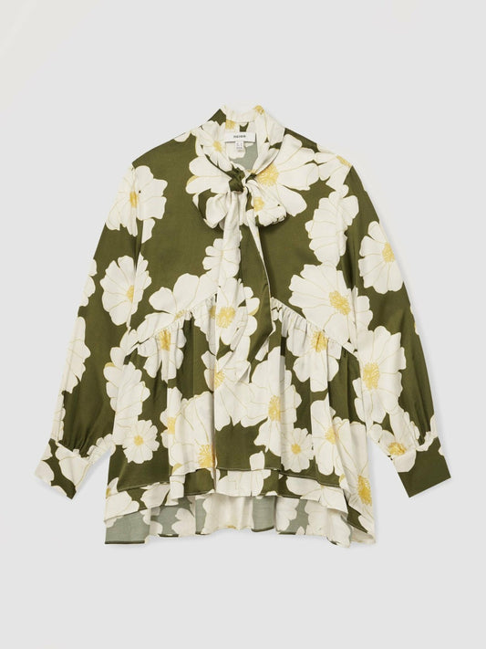 Floral Tie-Neck Swing Blouse Ivory/Green | Women