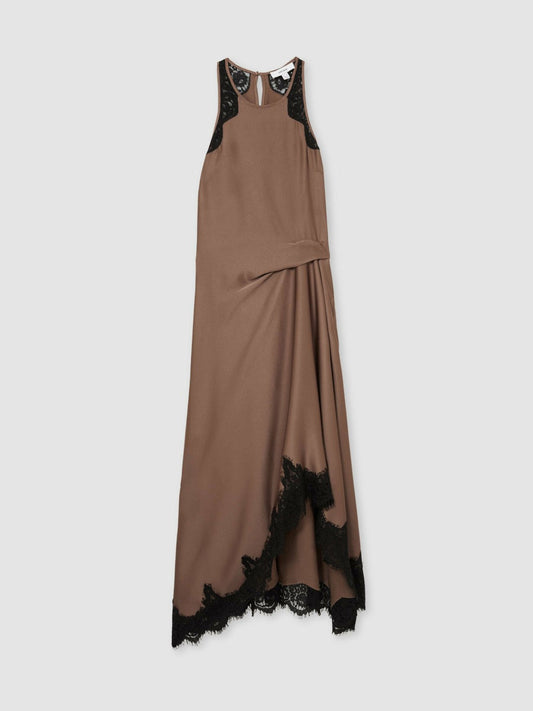 Satin Drape Lace-Trim Dress Mocha Brown | Women