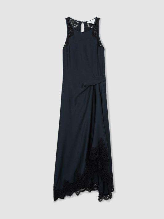 Satin Drape Lace-Trim Dress Navy | Women