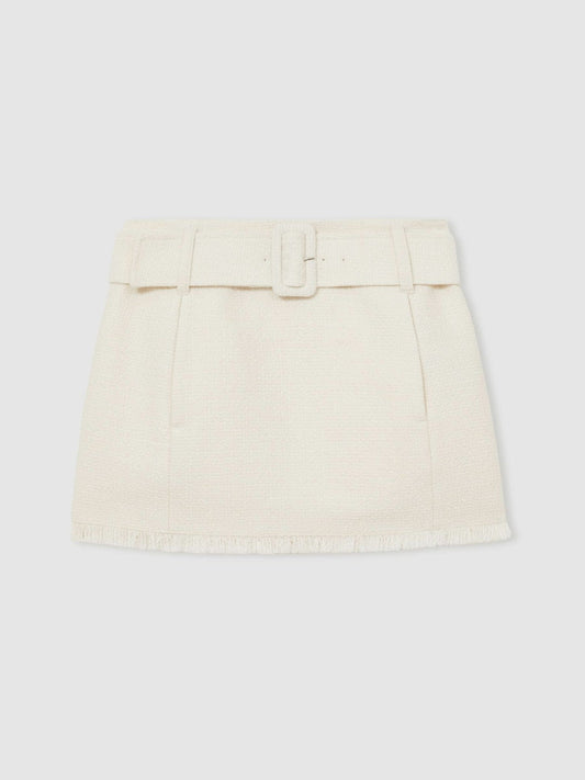 Bouclé Belted Mini Skirt With Wool and Cotton White | Women