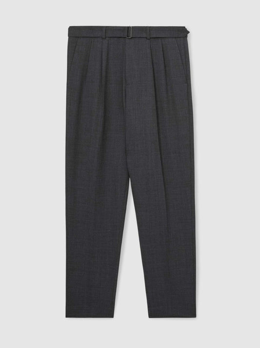 Wool-Blend Belted Pleated Trousers Regular-Fit Charcoal Grey | Men