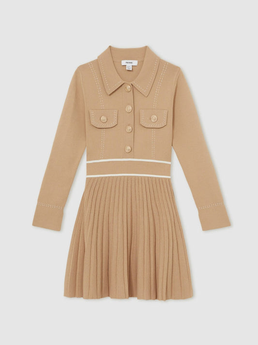 3-9 yrs Button-Detail Stripe Knitted Dress Camel | Children & Baby