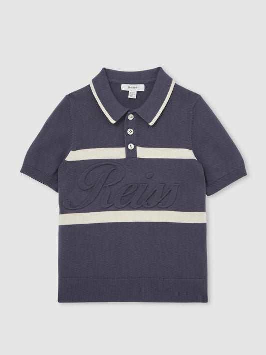 9-13 yrs Cotton Logo-Embossed Knit Polo Shirt Indigo Blue/White | Children & Baby