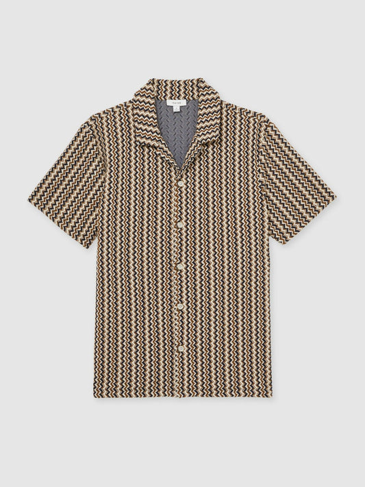 Zig-Zag Knit Cuban-Collar Shirt Tobacco Brown | Men