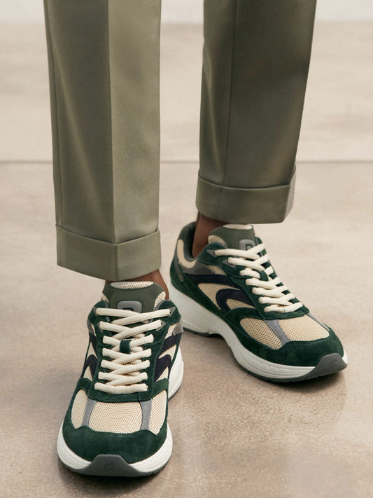 Panelled Running Trainers Forest Green/Stone | Men