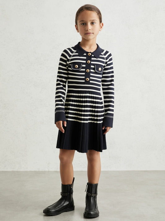 13-14 yrs Button-Detail Stripe Knitted Dress Navy/White | Children & Baby