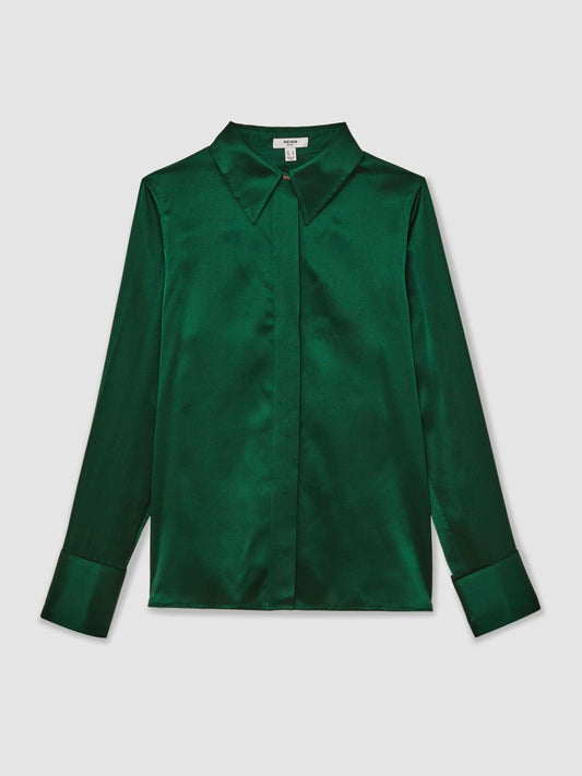 Silk-Satin Concealed-Placket Shirt Green | Women