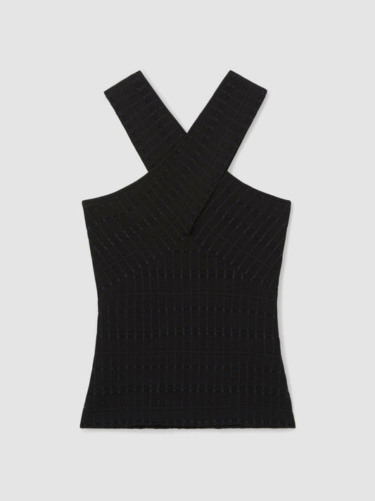 Cross Neck Textured Top Black | Women