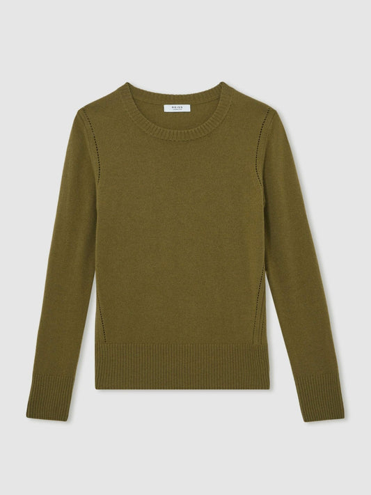 Wool-Blend Open-Stitch Jumper with Cashmere Khaki Green | Women