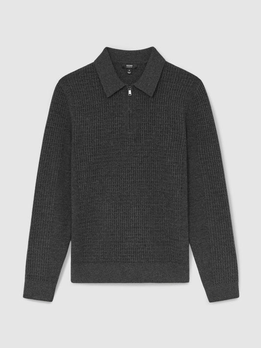 Wool Waffle-Knit Half-Zip Polo Shirt Charcoal Grey | Men