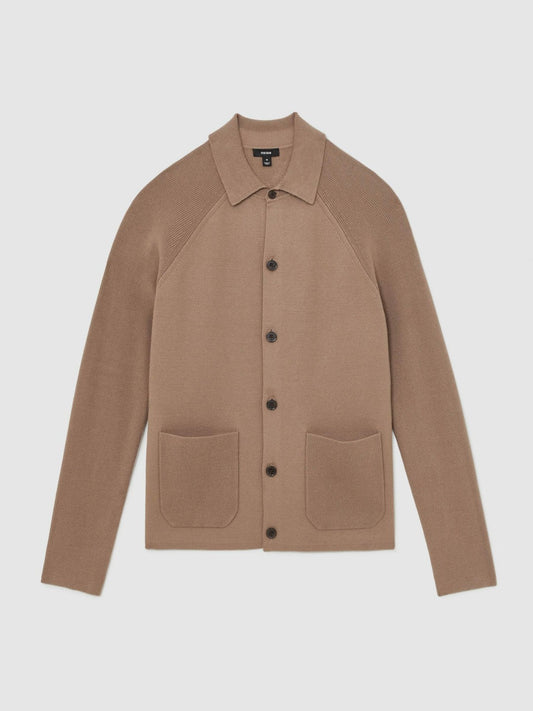 Button-Through Ribbed-Sleeve Shirt Camel Brown | Men