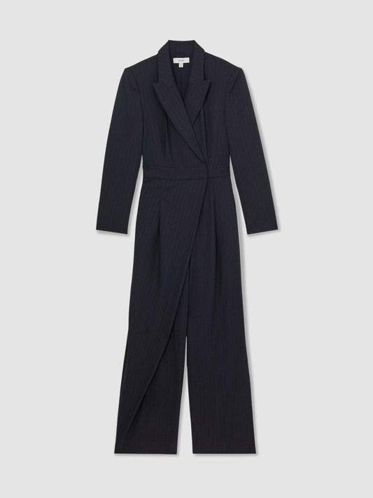 Pinstripe Tailored Wide-Leg Jumpsuit with Wool Navy | Women