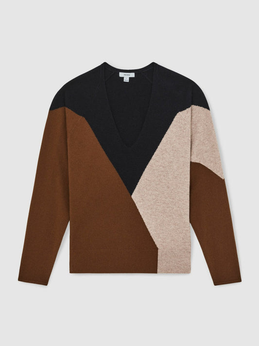 Wool-Blend Colourblock Knit Jumper with Cashmere Toffee Brown/Navy/Neutral | Women