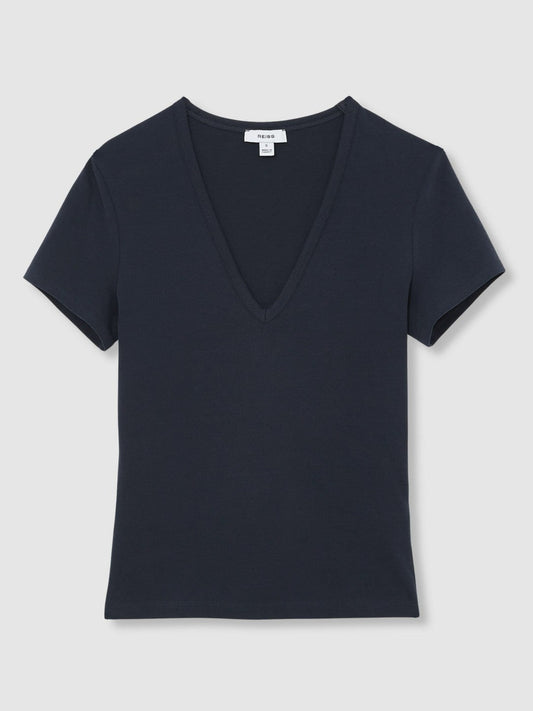 Stretch Cotton V-Neck T-Shirt Navy | Women