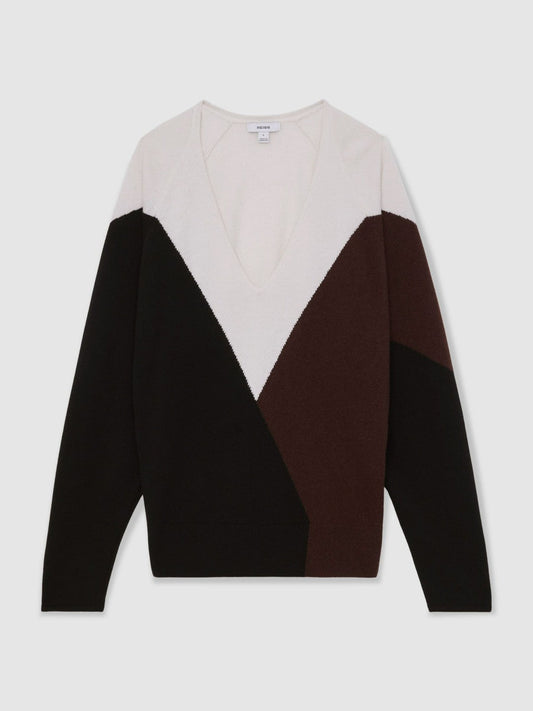 Wool-Blend Colourblock Knit Jumper with Cashmere Black/Burgundy/Cream | Women